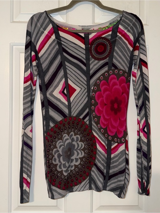 Desigual Sweaters - Desigual Long Sleeve Floral Geometric Knit Sweater Top Pink Gray L